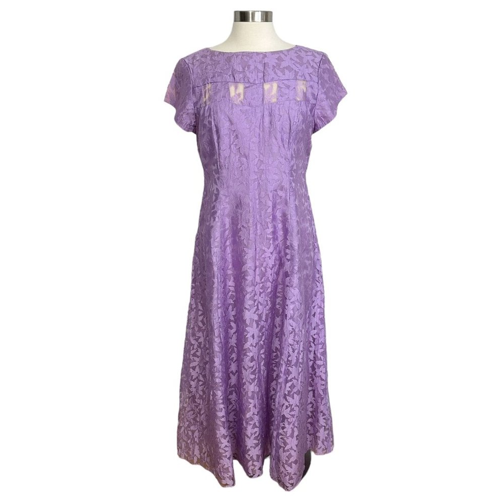Vtg 1970s Large Lilac Purple Sheer Floral Chiffon Modest Short Sleeve Prom Dress - Picture 2 of 15